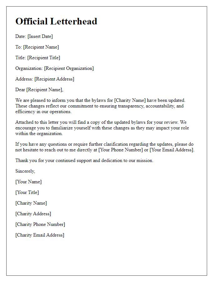 Letter template of distribution for updated charity bylaws.