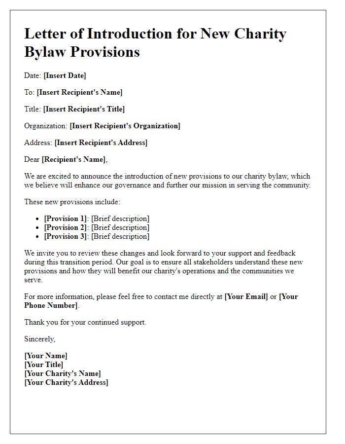 Letter template of introduction for new charity bylaw provisions.