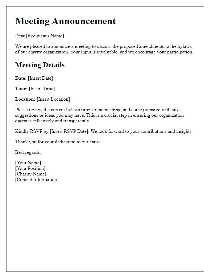 Letter template of meeting announcement for charity bylaw discussions.