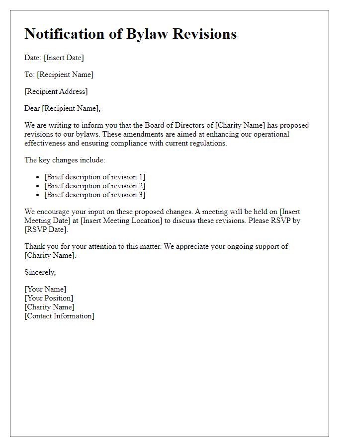 Letter template of notification for charity bylaw revisions.