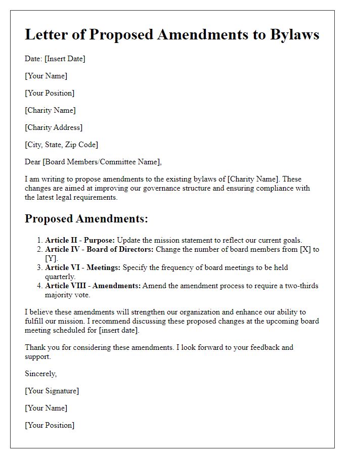 Letter template of proposed amendments to charity bylaws.