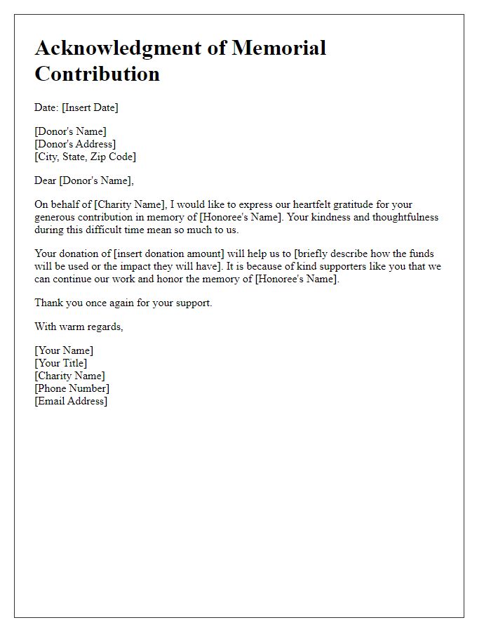 Letter template of acknowledgment for charity memorial contributions.