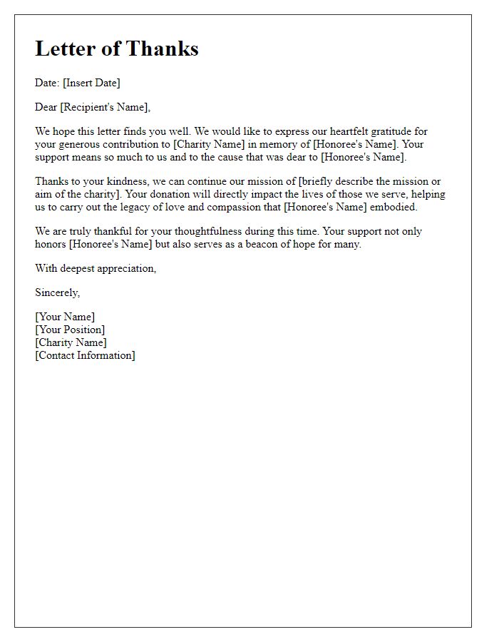 Letter template of heartfelt thanks for contributions to charity in memory.