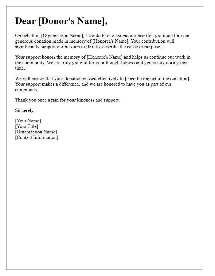 Letter template of recognition for memorial donations to support our cause.