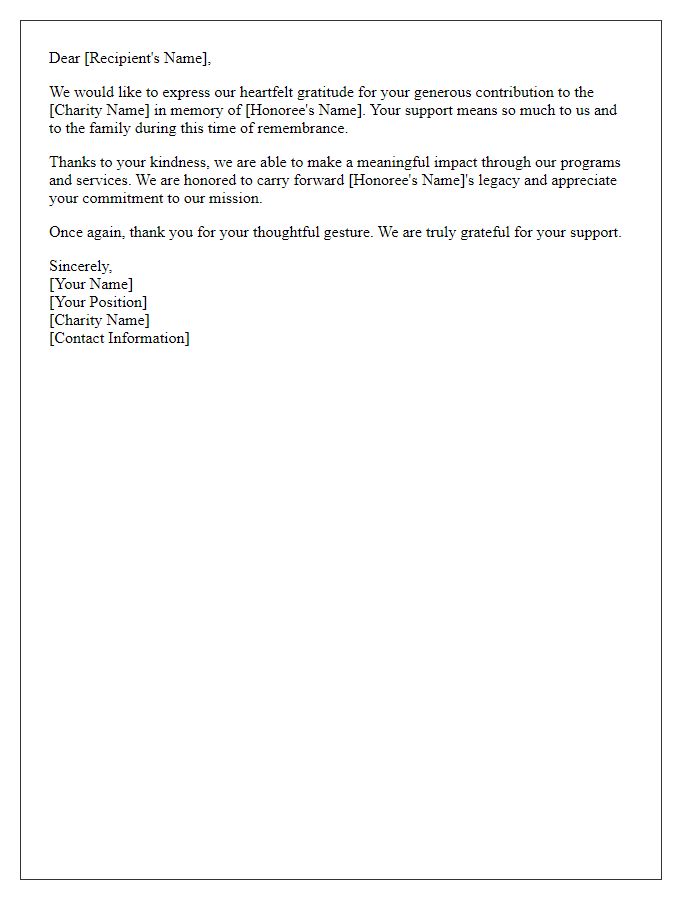 Letter template of support acknowledgment for charity memorials.