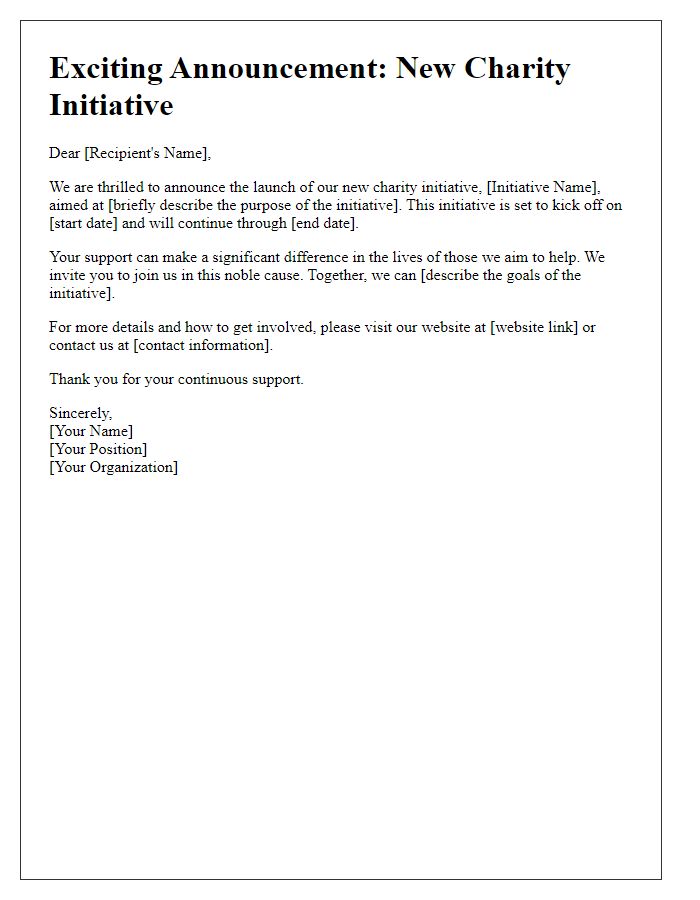 Letter template of announcement for new charity initiative