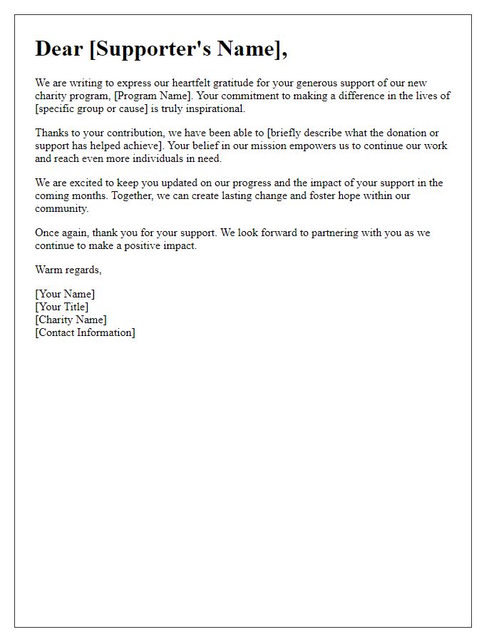 Letter template of appreciation for supporters of new charity program