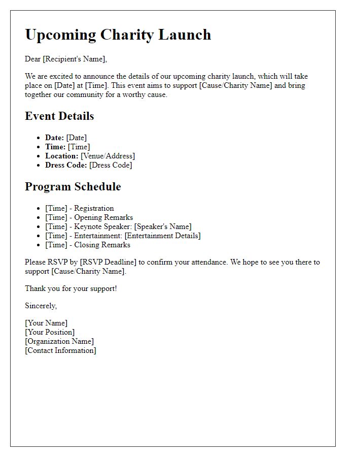 Letter template of program details for upcoming charity launch