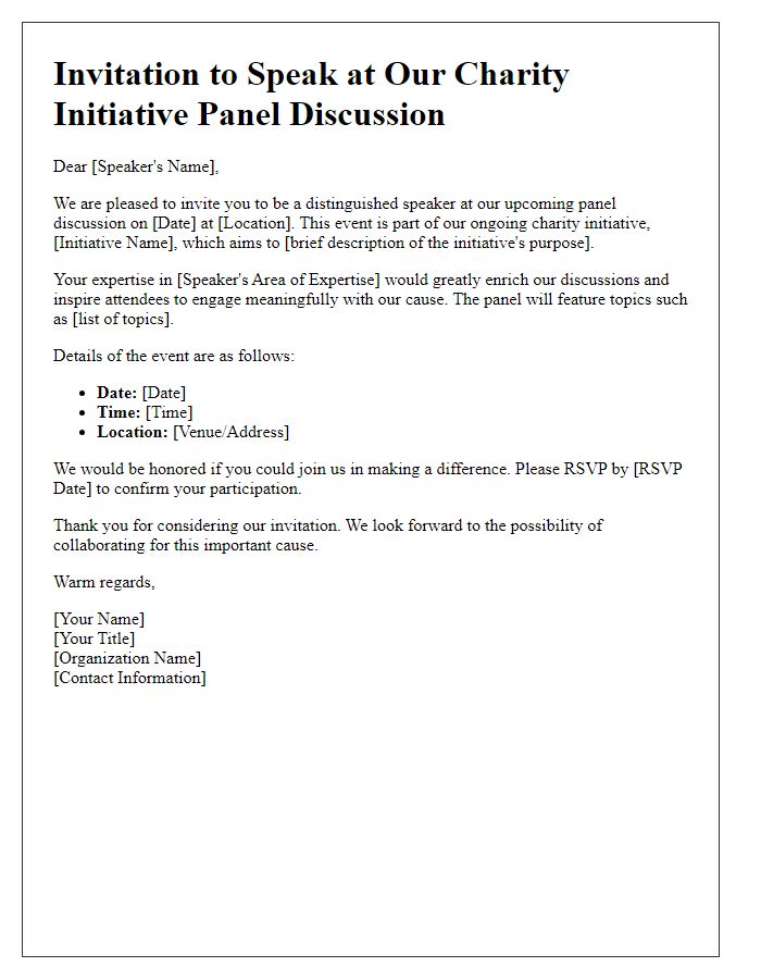 Letter template of invitation for panel discussion speakers in charity initiatives