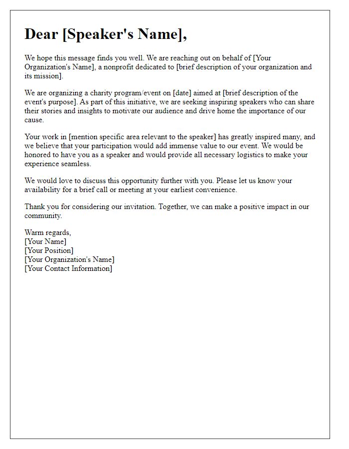 Letter template of solicitation for inspiring speakers for charity programs