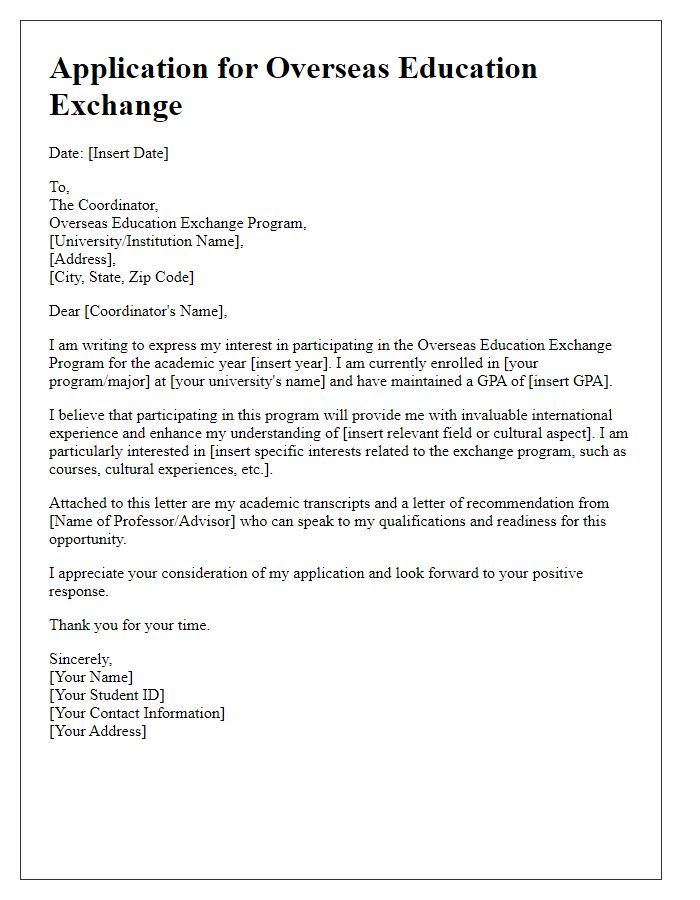 Letter template of application for overseas education exchange