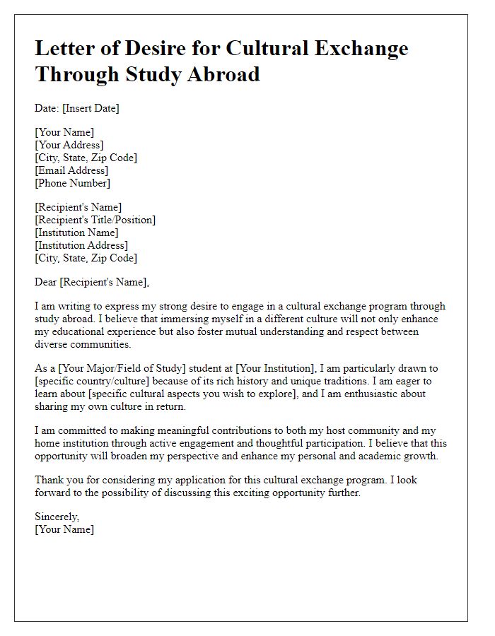 Letter template of desire to engage in cultural exchange through study abroad