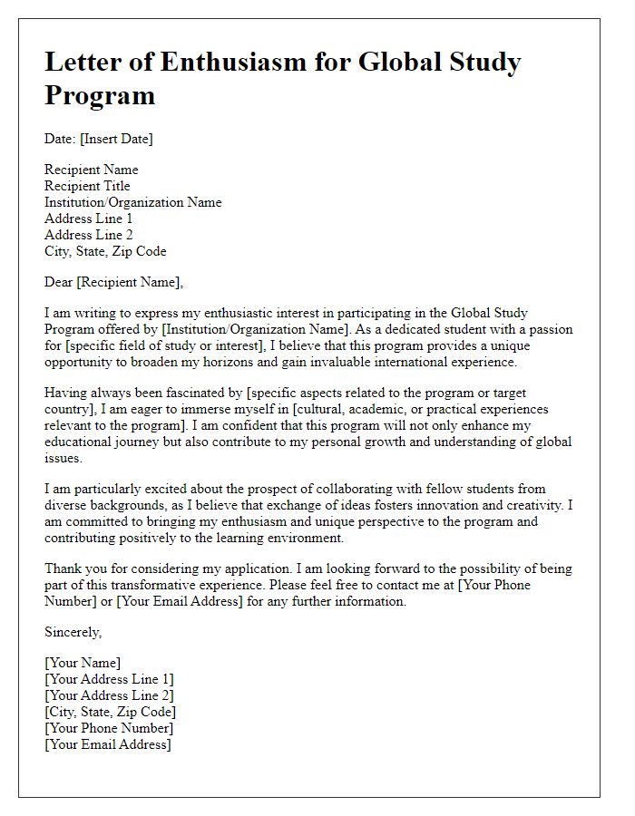 Letter template of enthusiasm for participating in global study program