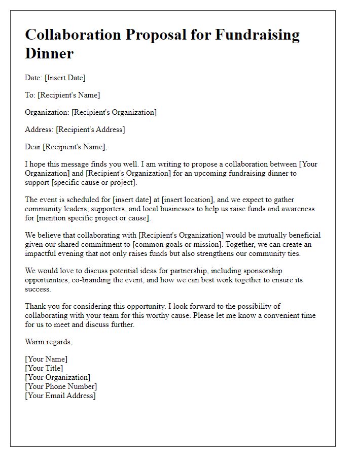 Letter template of collaboration proposal for fundraising dinner.