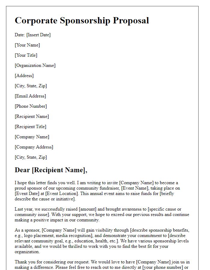 Letter template of corporate sponsorship for community fundraiser.