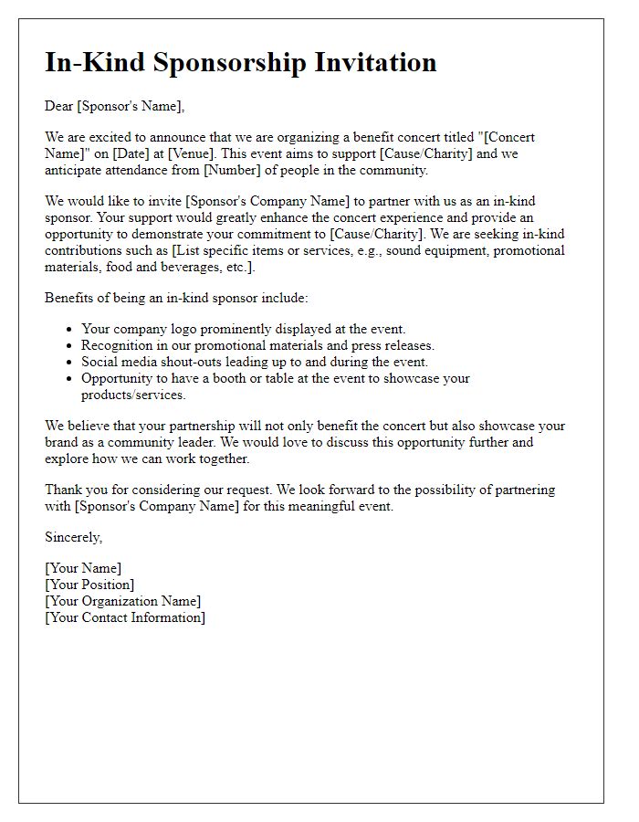 Letter template of in-kind sponsorship for benefit concert.