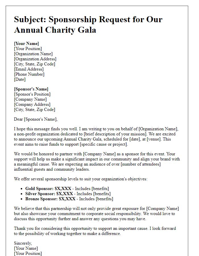 Letter template of sponsorship request for charity gala.