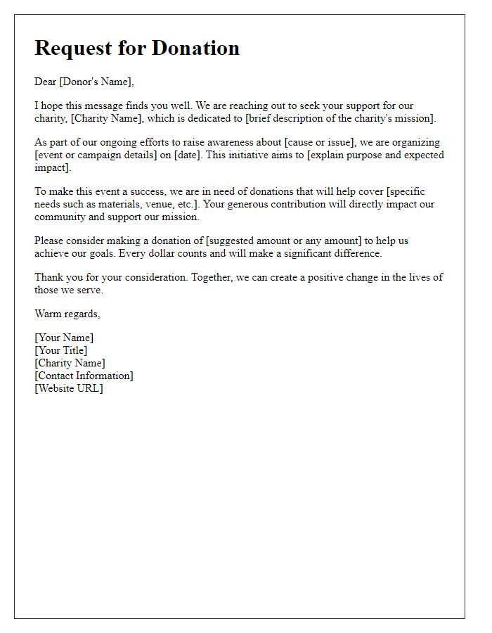 Letter template of donation request for charity awareness efforts