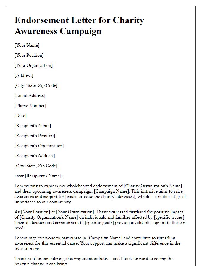 Letter template of endorsement for charity awareness campaigns