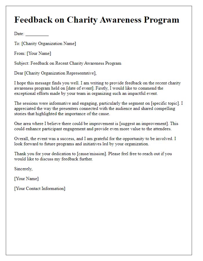 Letter template of feedback for charity awareness programs