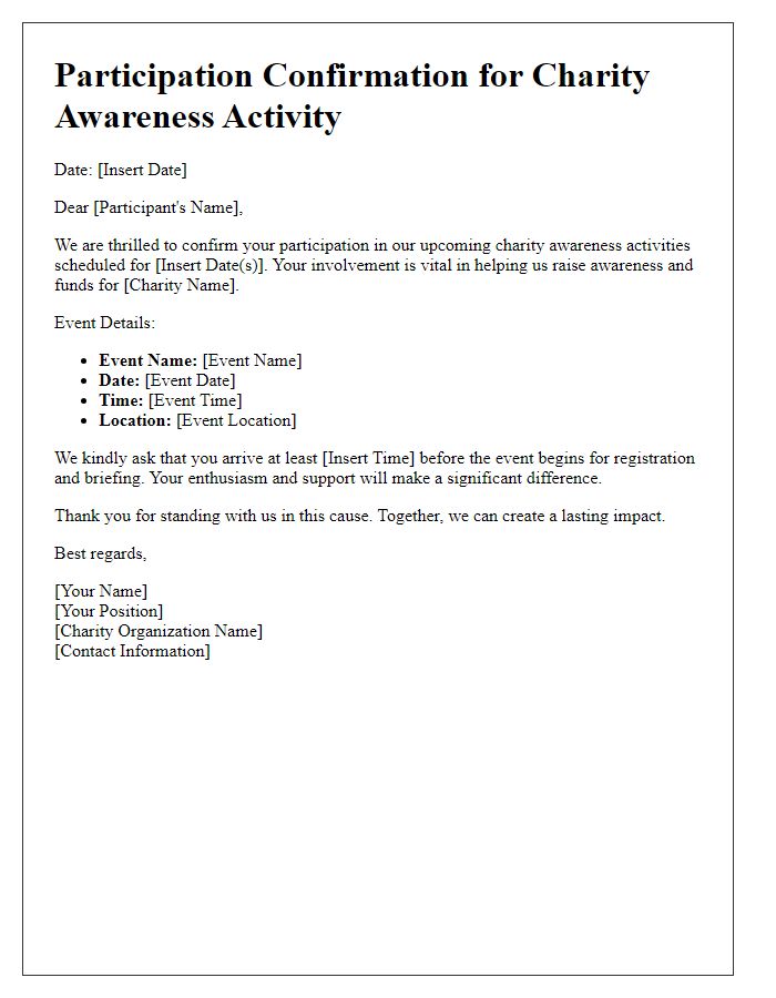 Letter template of participation for charity awareness activities