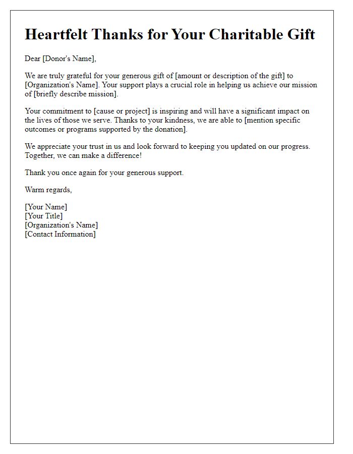 Letter template of Heartfelt Thanks for Your Charitable Gift