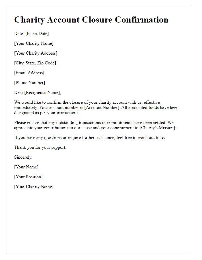 Letter template of charity account closure confirmation.