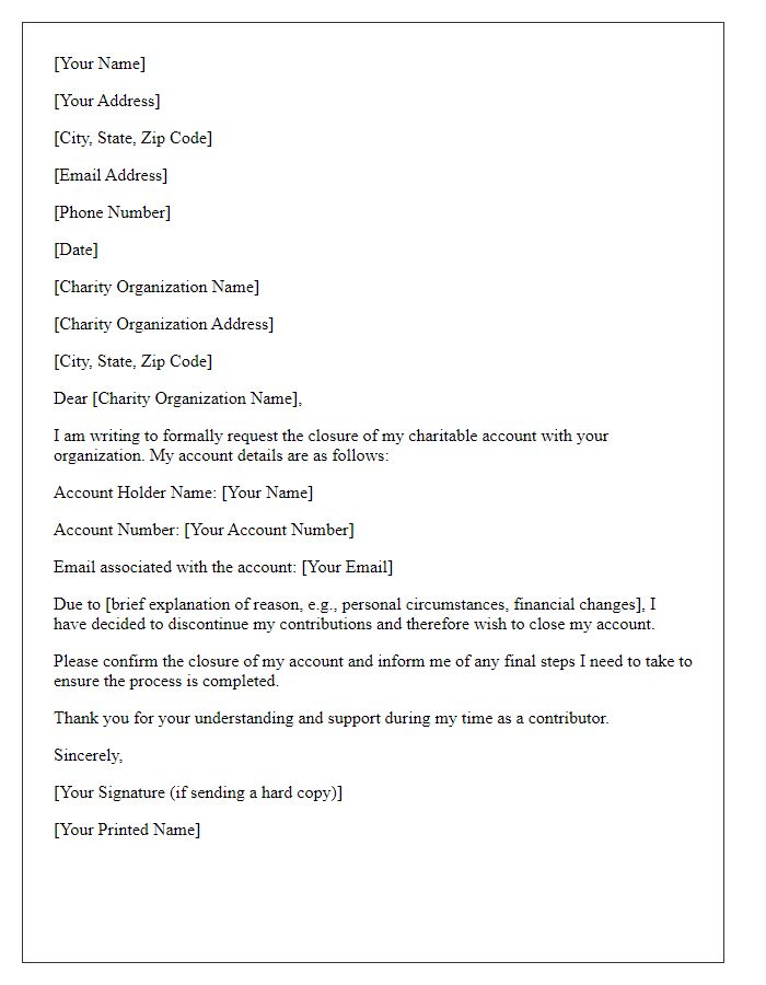 Letter template of charity account closure request.