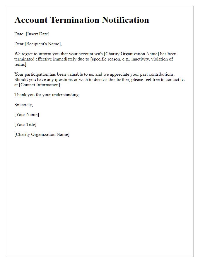 Letter template of charity organization account termination.