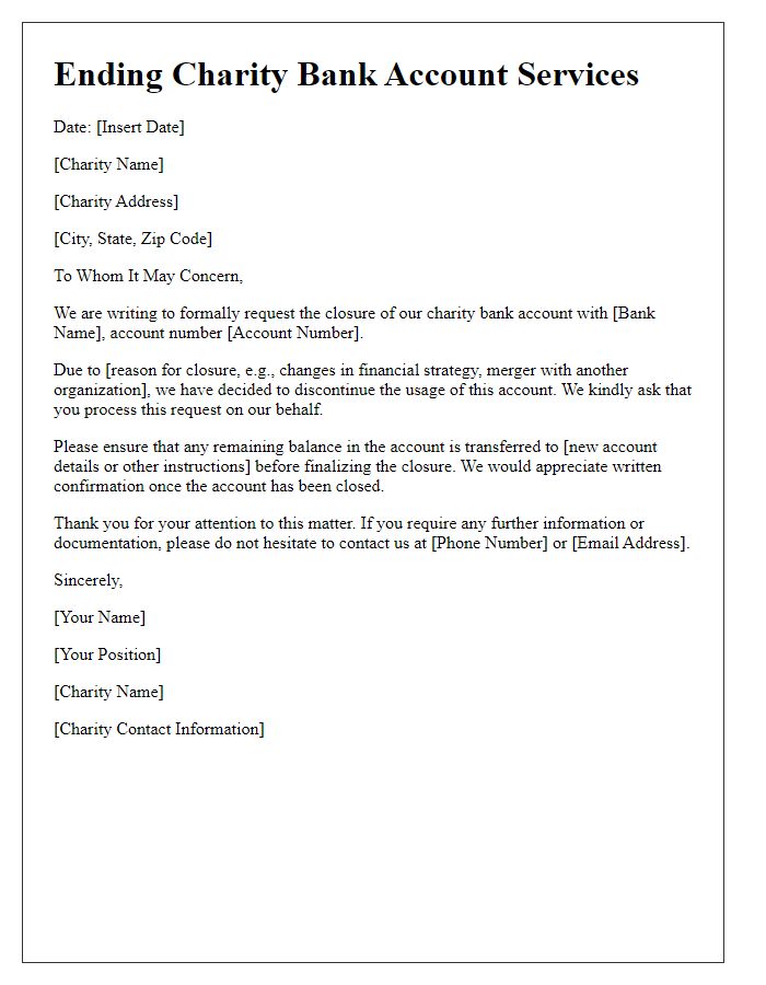 Letter template of ending charity bank account services.