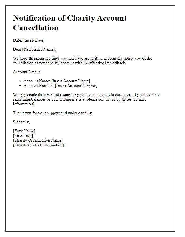 Letter template of notification for charity account cancellation.