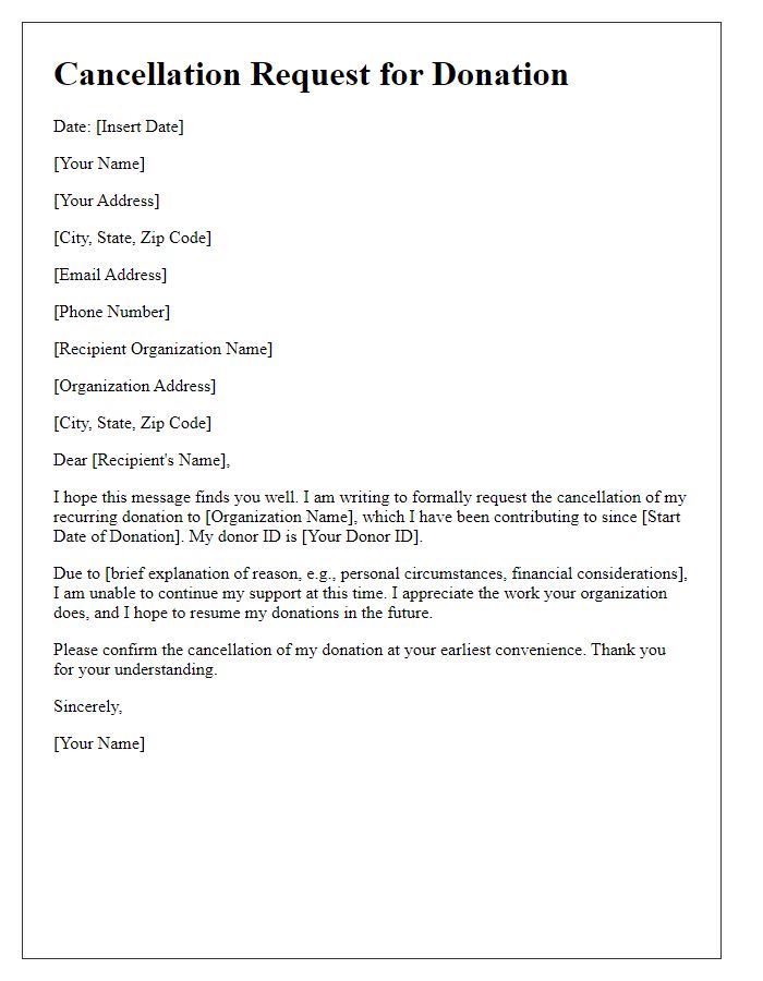 Letter template of cancellation request for donation