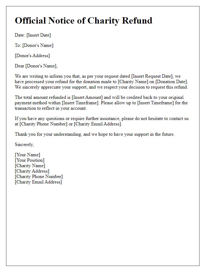 Letter template of official notice for charity refund