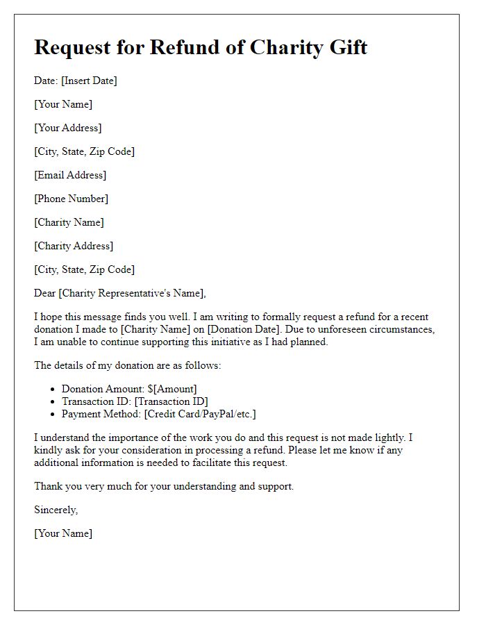 Letter template of polite request for refund of charity gift