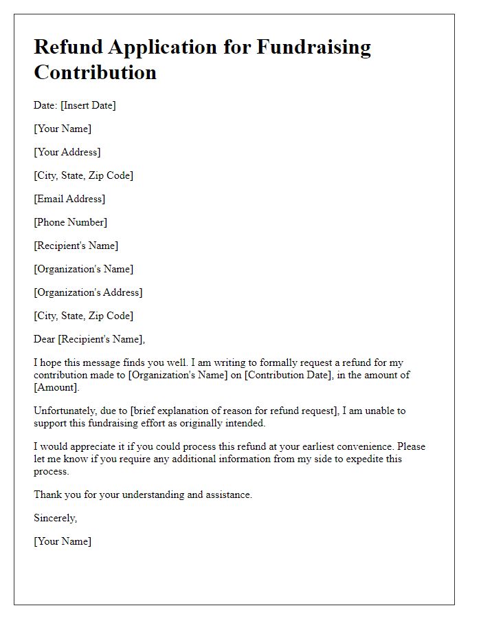 Letter template of refund application for fundraising contribution