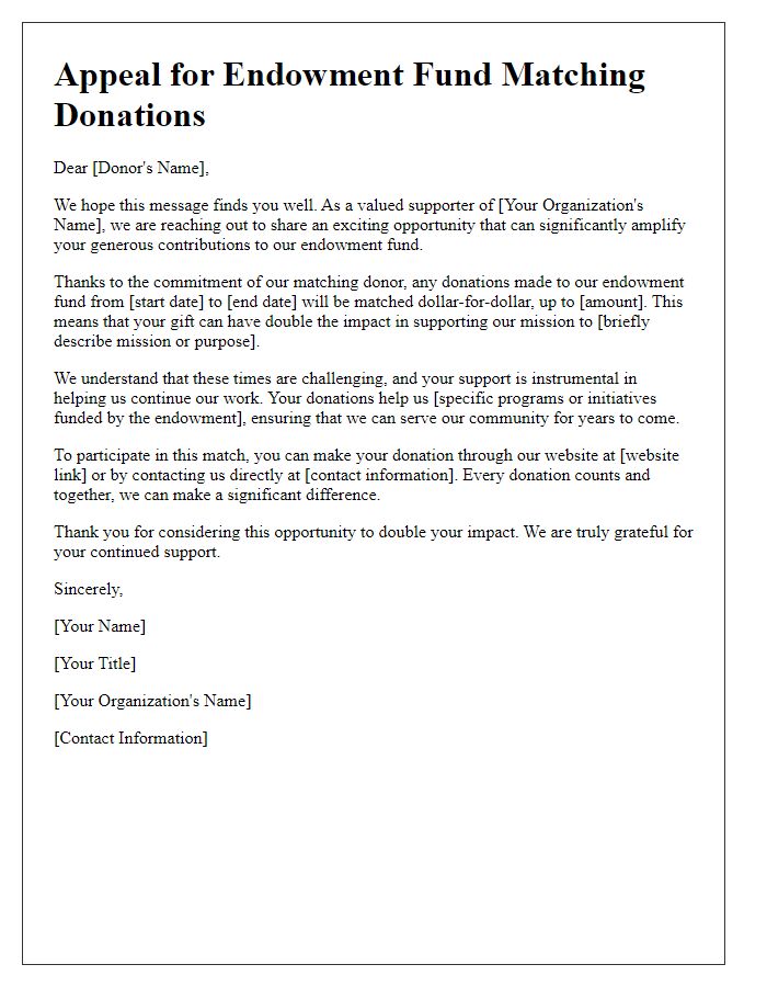 Letter template of appeal for endowment fund matching donations