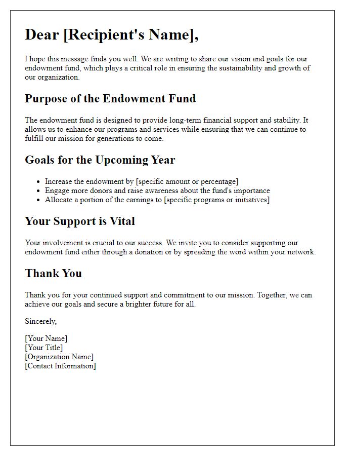 Letter template of communication about endowment fund goals