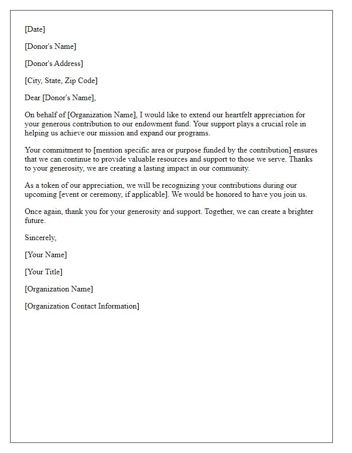 Letter template of recognition for endowment contributions