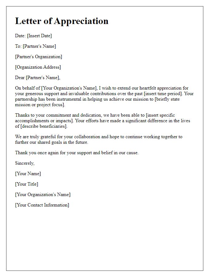 Letter template of appreciation for past contributions from charity partners