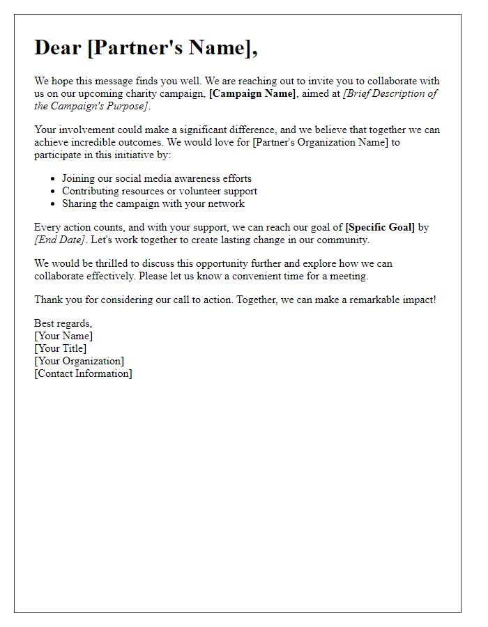 Letter template of call to action for charity partners to participate in campaigns