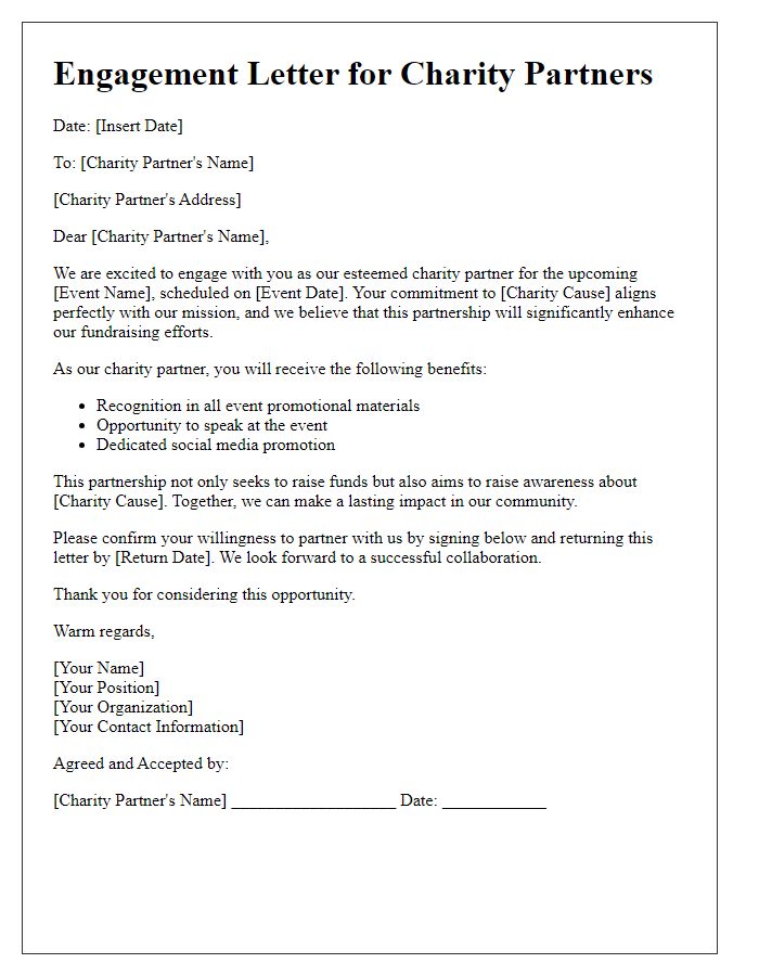 Letter template of engagement for charity partners at fundraising events