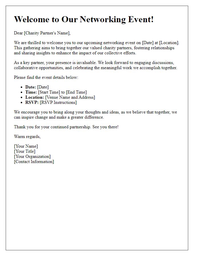 Letter template of welcome to charity partners for a networking event