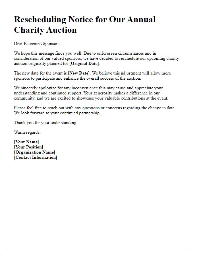 Letter template of rescheduling charity auction to accommodate sponsors.