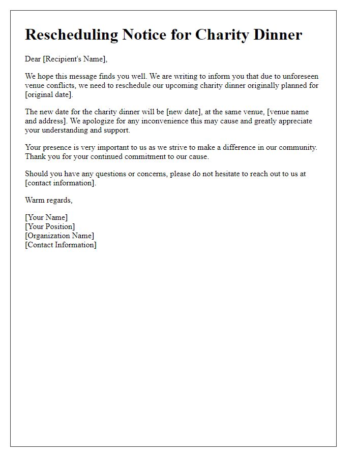 Letter template of rescheduling charity dinner for venue conflicts.