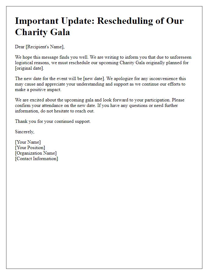 Letter template of rescheduling charity gala for logistical reasons.