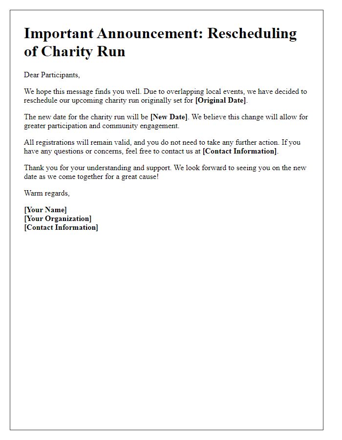 Letter template of rescheduling charity run to align with local events.