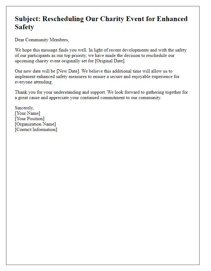 Letter template of rescheduling community charity event for enhanced safety.