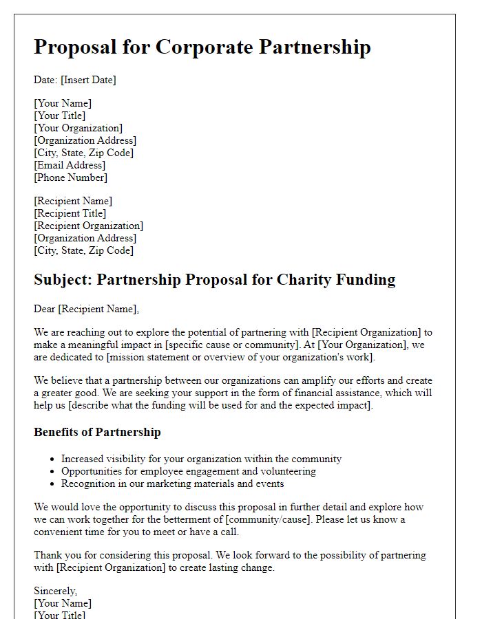 Letter template of corporate partnership proposal for charity funding