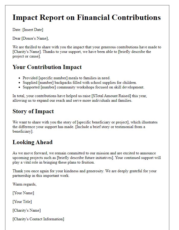 Letter template of impact report on financial contributions to charity