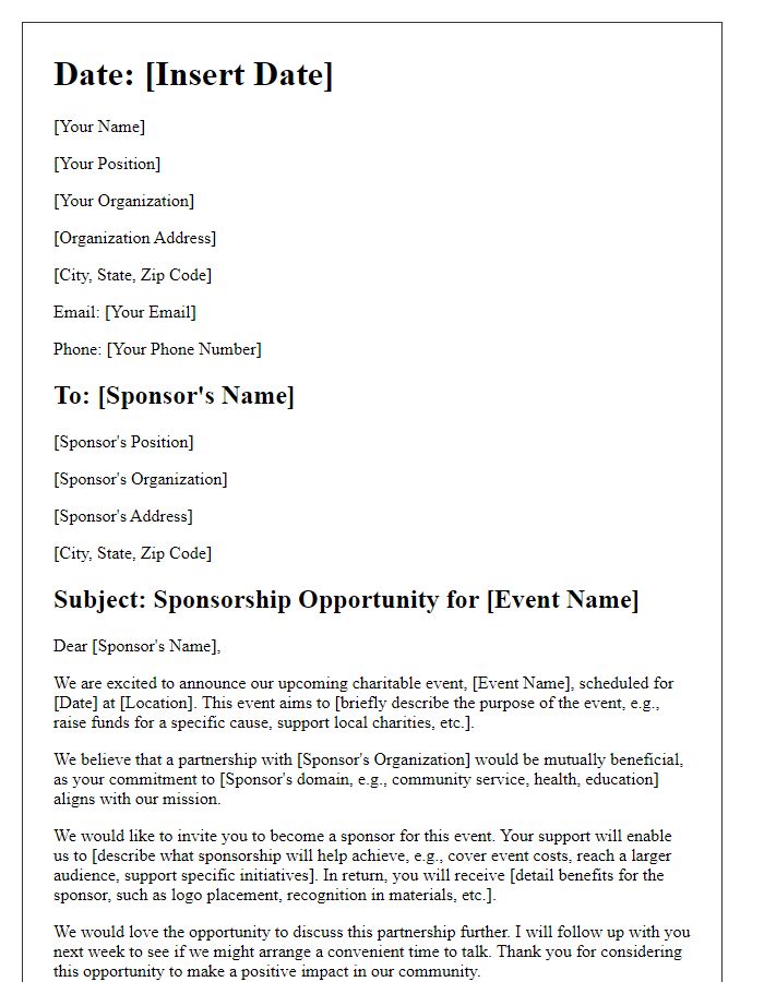 Letter template of sponsorship inquiry for charitable events